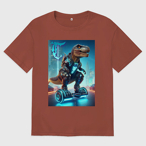 Мужская футболка оверсайз Cyber tyrannosaur on a hoverboard - neon glow fant / Кирпичный – фото 1