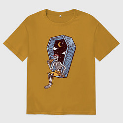Футболка оверсайз мужская Скелет ест пиццу, цвет: горчичный