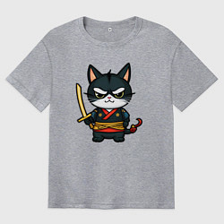 Мужская футболка оверсайз Смелый кот самурай