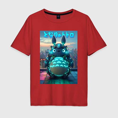 Мужская футболка оверсайз Cyber Totoro - neon glow fantasy / Красный – фото 1