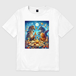 Футболка оверсайз мужская Леший за сказочным столом в окружении зверья - ней, цвет: белый