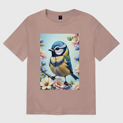 Футболка оверсайз мужская Синичка в цветах, цвет: пыльно-розовый