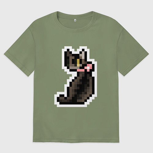 Мужская футболка оверсайз Милая пиксельная кошка с розовым ошейником / Авокадо – фото 1