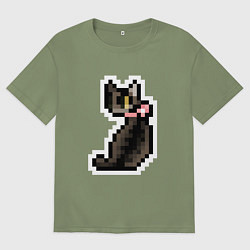 Футболка оверсайз мужская Милая пиксельная кошка с розовым ошейником, цвет: авокадо