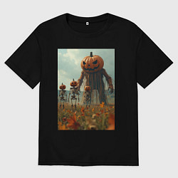 Футболка оверсайз мужская Монстры тыквы в поле, цвет: черный