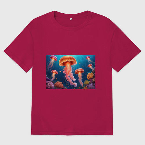 Мужская футболка оверсайз Подводный мир медузы / Маджента – фото 1