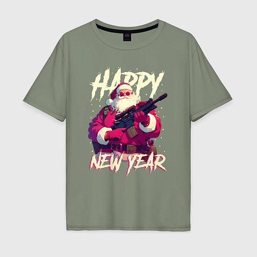 Мужская футболка оверсайз Happy New Year Santa Claus with weapon / Авокадо – фото 1