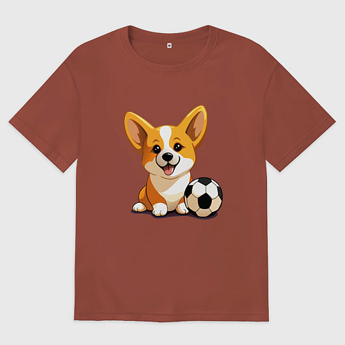 Мужская футболка оверсайз Корги с футбольным мячом / Кирпичный – фото 1