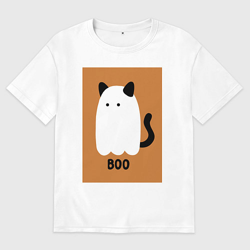 Мужская футболка оверсайз Котик-призрак на хэллоуин / Белый – фото 1