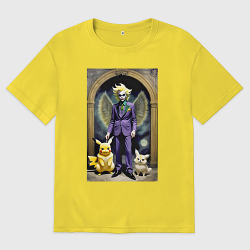 Мужская футболка оверсайз Крылатый клоун с Пикачу и котом - нейроарт / Желтый – фото 1