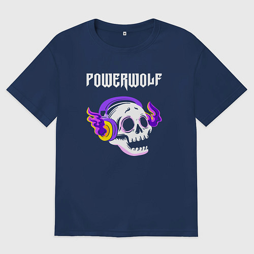 Мужская футболка оверсайз Powerwolf - неоновый череп / Тёмно-синий – фото 1
