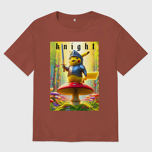 Мужская футболка оверсайз Пикачу - рыцарь на мухоморе / Кирпичный – фото 1