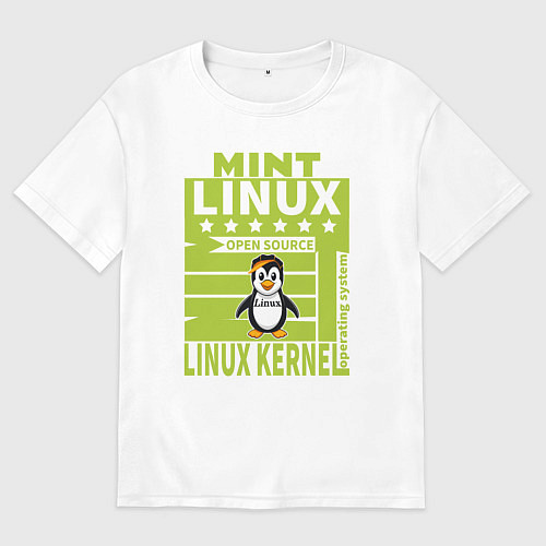 Мужская футболка оверсайз Пингвин линукс минт / Белый – фото 1
