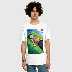 Футболка оверсайз мужская Аниме мальчик на траве, цвет: белый — фото 2