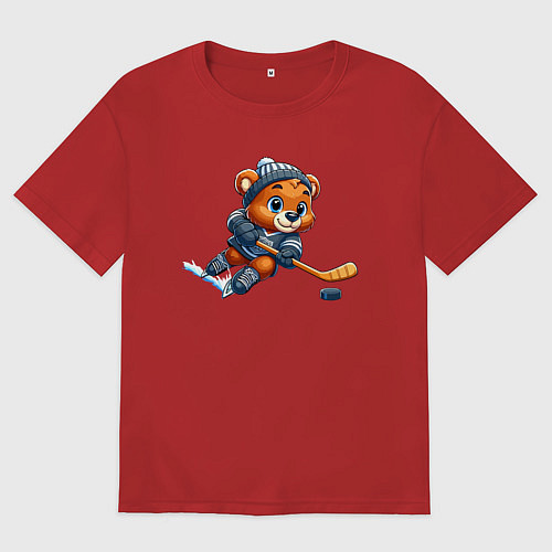 Мужская футболка оверсайз Мишутка хоккейный форвард - нейроарт / Красный – фото 1