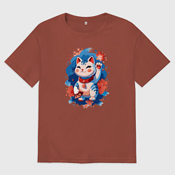 Футболка оверсайз мужская Манеки Неко, белая кошка удачи с цветами, цвет: кирпичный