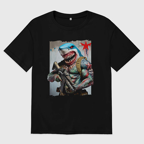 Мужская футболка оверсайз Чувак-акула боец спецназа / Черный – фото 1