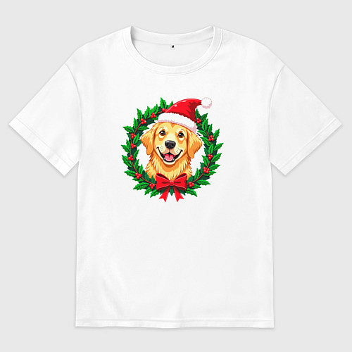 Мужская футболка оверсайз Милый Лабрадор ретривер и праздничный венок / Белый – фото 1