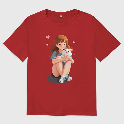 Мужская футболка оверсайз Белый хомяк и счастливая девушка / Красный – фото 1