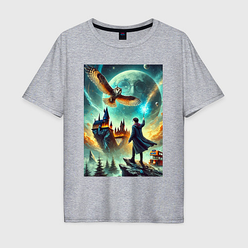 Мужская футболка оверсайз Harry Potter and owl - Hogwarts / Меланж – фото 1