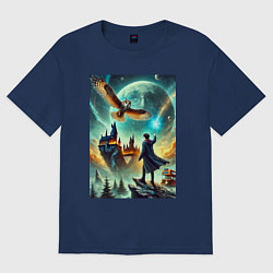Футболка оверсайз мужская Harry Potter and owl - Hogwarts, цвет: тёмно-синий