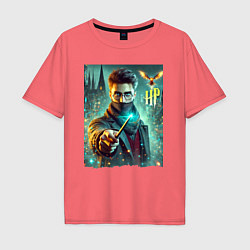 Футболка оверсайз мужская Harry Potter with a magic wand - ai art fantasy, цвет: коралловый