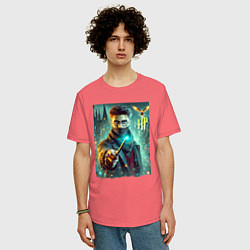 Футболка оверсайз мужская Harry Potter with a magic wand - ai art fantasy, цвет: коралловый — фото 2