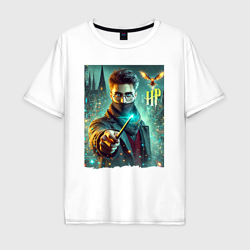 Мужская футболка оверсайз Harry Potter with a magic wand - ai art fantasy / Белый – фото 1