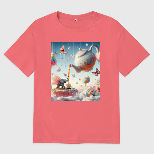 Мужская футболка оверсайз Чаепитие крылатого слона - психоделика / Коралловый – фото 1