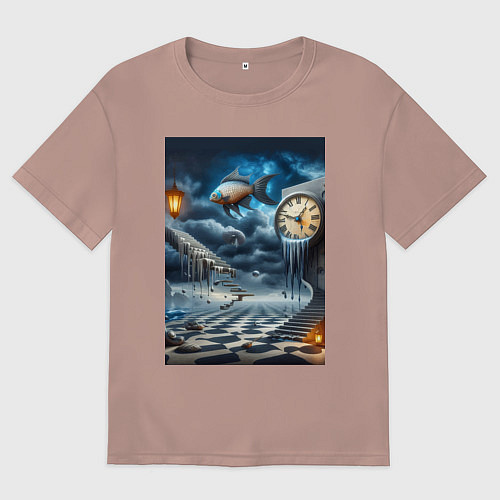 Мужская футболка оверсайз Психоделический пейзаж с часами и рыбой / Пыльно-розовый – фото 1