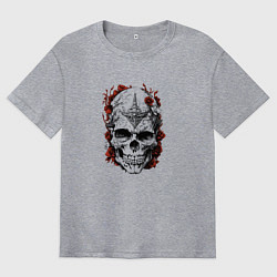 Футболка оверсайз мужская Череп с красными цветами, цвет: меланж