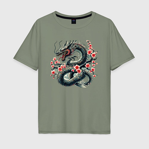 Мужская футболка оверсайз Japanese dragon and sakura - irezumi / Авокадо – фото 1