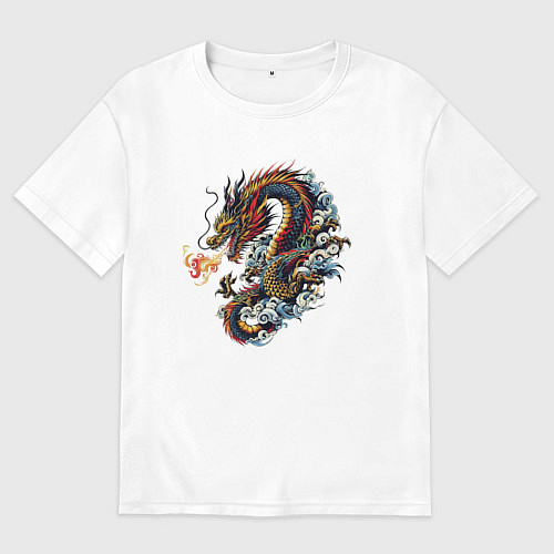Мужская футболка оверсайз Japanese dragon - engraving / Белый – фото 1