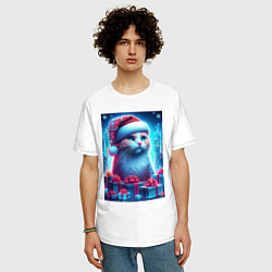 Футболка оверсайз мужская Новогодний котик среди подарков, цвет: белый — фото 2