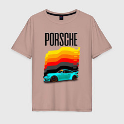 Мужская футболка оверсайз Автомобиль Porsche на фоне флага Германии