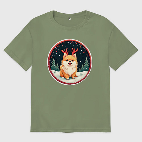 Мужская футболка оверсайз Милый померанец с оленьими рожками / Авокадо – фото 1