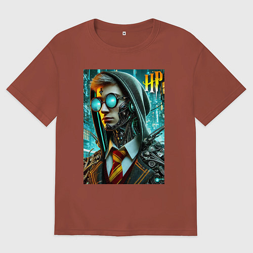 Мужская футболка оверсайз Cyber Harry Potter - ai art fantasy / Кирпичный – фото 1