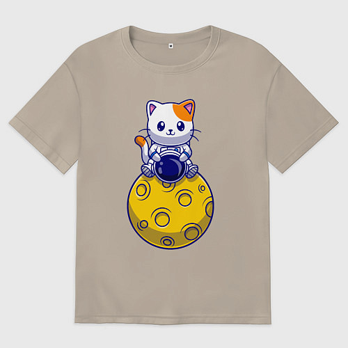 Мужская футболка оверсайз Котик на луне / Миндальный – фото 1