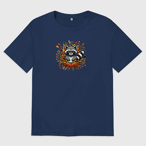 Мужская футболка оверсайз Забавный енот в брызгах краски / Тёмно-синий – фото 1