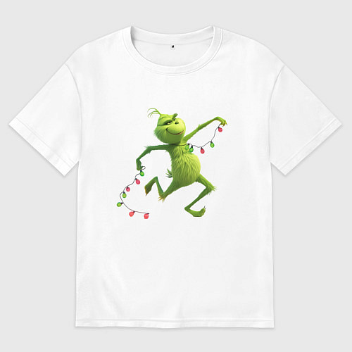 Мужская футболка оверсайз Новогоднее настроение гринч с гирляндой / Белый – фото 1