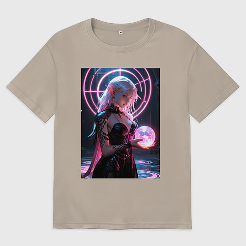 Мужская футболка оверсайз Эльфийка с магической сферой / Миндальный – фото 1