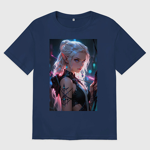 Мужская футболка оверсайз Прекрасная девушка-эльф с луком / Тёмно-синий – фото 1