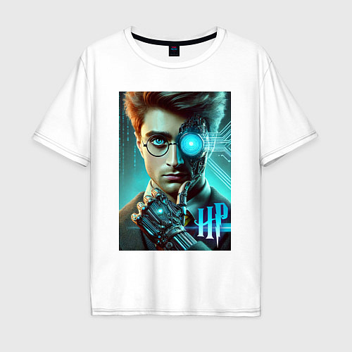 Мужская футболка оверсайз Cyber Harry Potter - ai art neon fantasy / Белый – фото 1