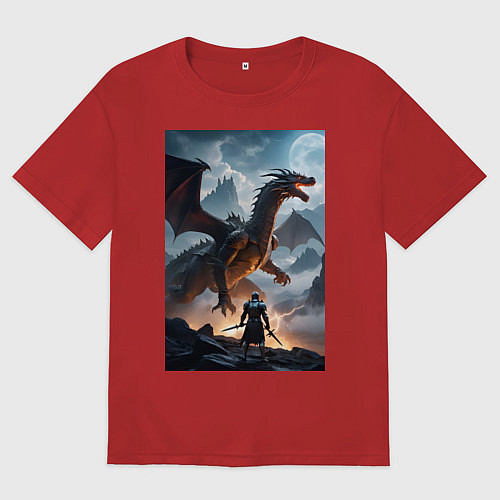 Мужская футболка оверсайз Сражение с драконом / Красный – фото 1