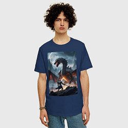 Футболка оверсайз мужская Сражение рыцаря с драконом в стиле Demons Souls, цвет: тёмно-синий — фото 2