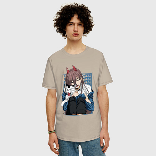 Мужская футболка оверсайз Человек-бензопила Пауэр и кошка / Миндальный – фото 3