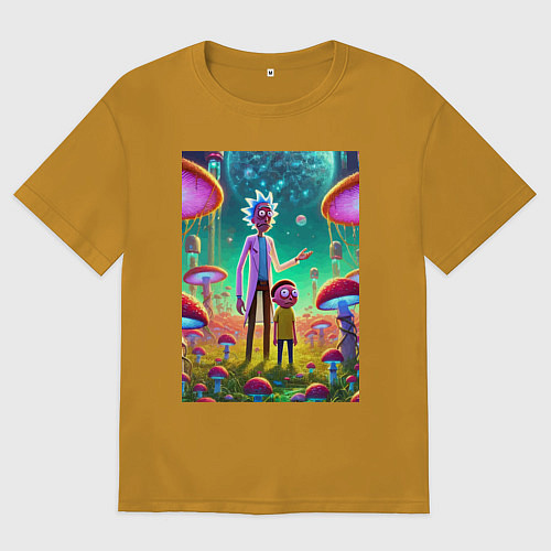 Мужская футболка оверсайз Morty and Rick on a neon planet / Горчичный – фото 1