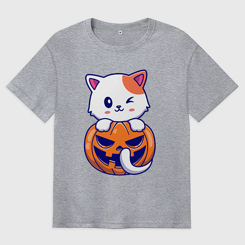 Мужская футболка оверсайз Halloween meow / Меланж – фото 1