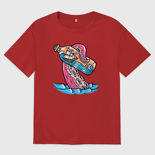 Мужская футболка оверсайз Осьминог и кораблик в бутылке / Красный – фото 1