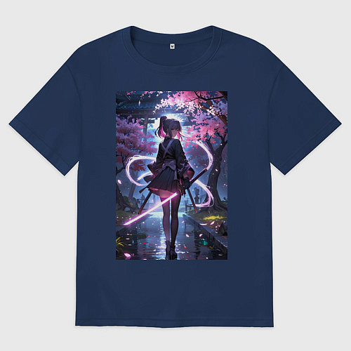 Мужская футболка оверсайз Девушка с катаной на фоне цветущей сакуры / Тёмно-синий – фото 1